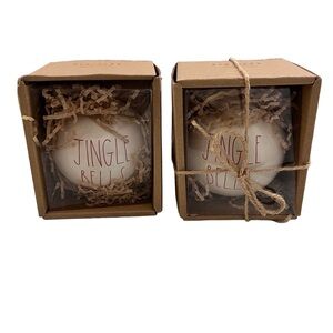 New Rae Dunn Set of 2 Ceramic Jingle Bells Round Ornaments